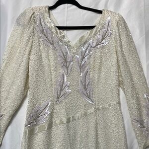 AMAZING Vintage Beaded Ivory Silk Long Dress w/ White Sequins, Retro Rare! Prom?